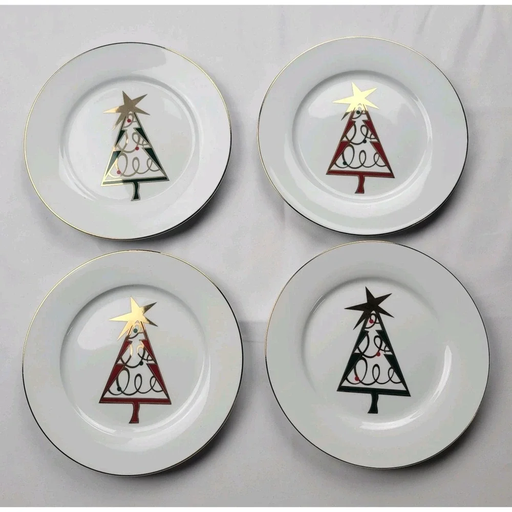 Pier 1 Christmas Tree Holiday Plates Dessert Salad Green Red Gold Star 4 Set EUC
